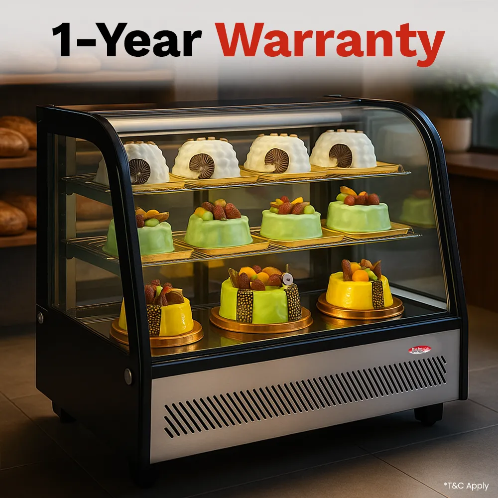 BakeMax BMREF35 titan series Countertop refrigerated display case with glass front and stainless steel frame, Titan Series, 35.4-inch wide.