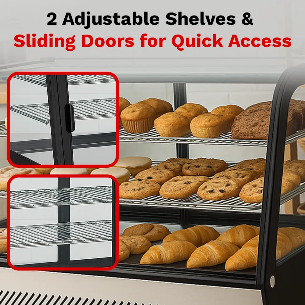 BakeMax BMREF35 titan series Countertop refrigerated display case with glass front and stainless steel frame, Titan Series, 35.4-inch wide.