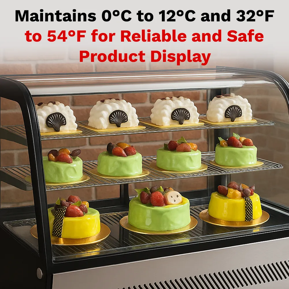 BakeMax BMREF35 titan series Countertop refrigerated display case with glass front and stainless steel frame, Titan Series, 35.4-inch wide.