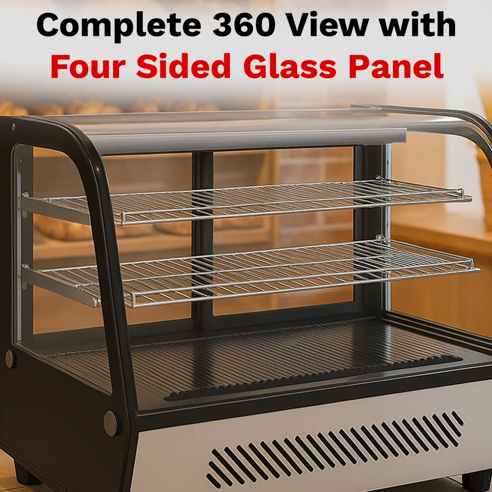 BakeMax BMREF35 titan series Countertop refrigerated display case with glass front and stainless steel frame, Titan Series, 35.4-inch wide.