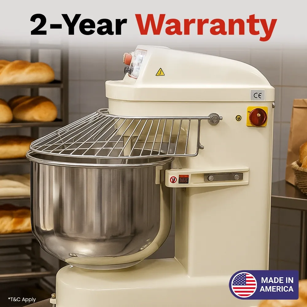 BakeMax compact spiral dough mixer handles medium dough batches, perfect for mid-size bakeries seeking consistent texture and high-volume output.