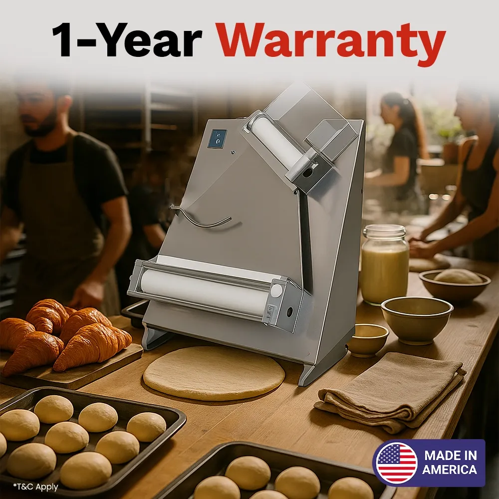 BakeMax Two-pass dough sheeter with compact countertop design, quiet operation, consistent results, easy to clean, ideal for bakery and pastry use.