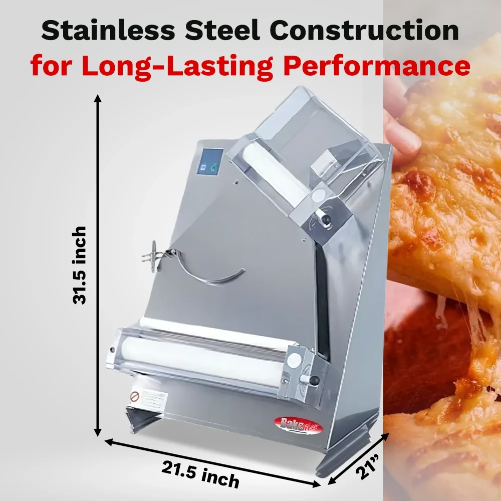 BakeMax Two-pass dough sheeter with compact countertop design, quiet operation, consistent results, easy to clean, ideal for bakery and pastry use.