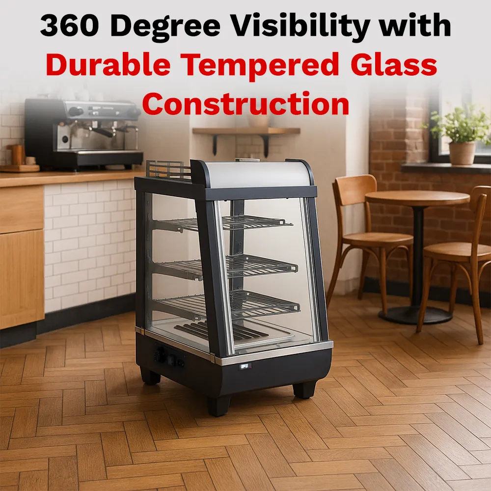 BakeMax Titan Series 14-inch compact heated countertop display case with stainless steel frame, clear glass housing, and warming interior shelves.