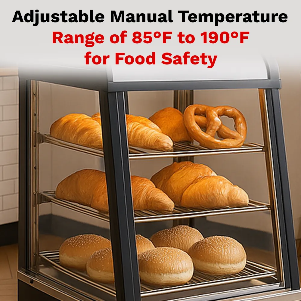 BakeMax Titan Series 14-inch compact heated countertop display case with stainless steel frame, clear glass housing, and warming interior shelves.