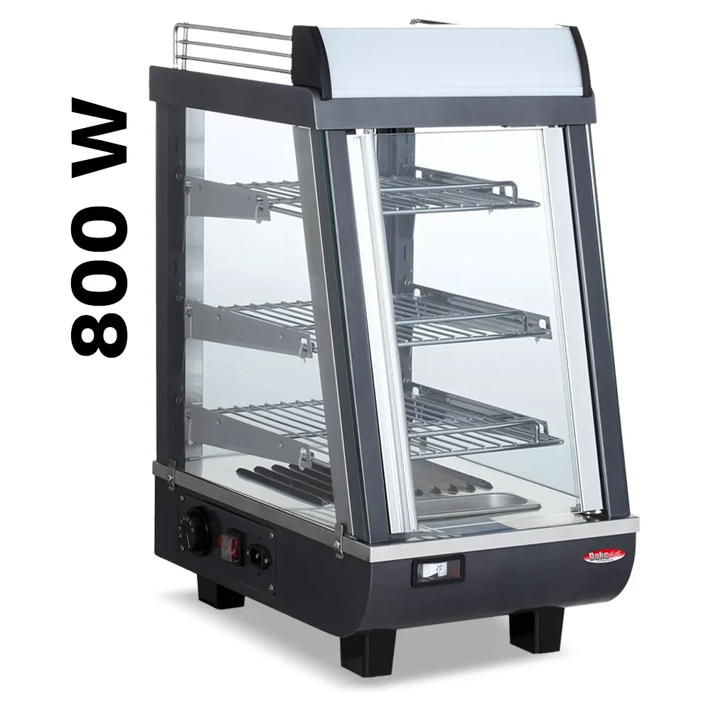 BakeMax Titan Series 14-inch compact heated countertop display case with stainless steel frame, clear glass housing, and warming interior shelves.