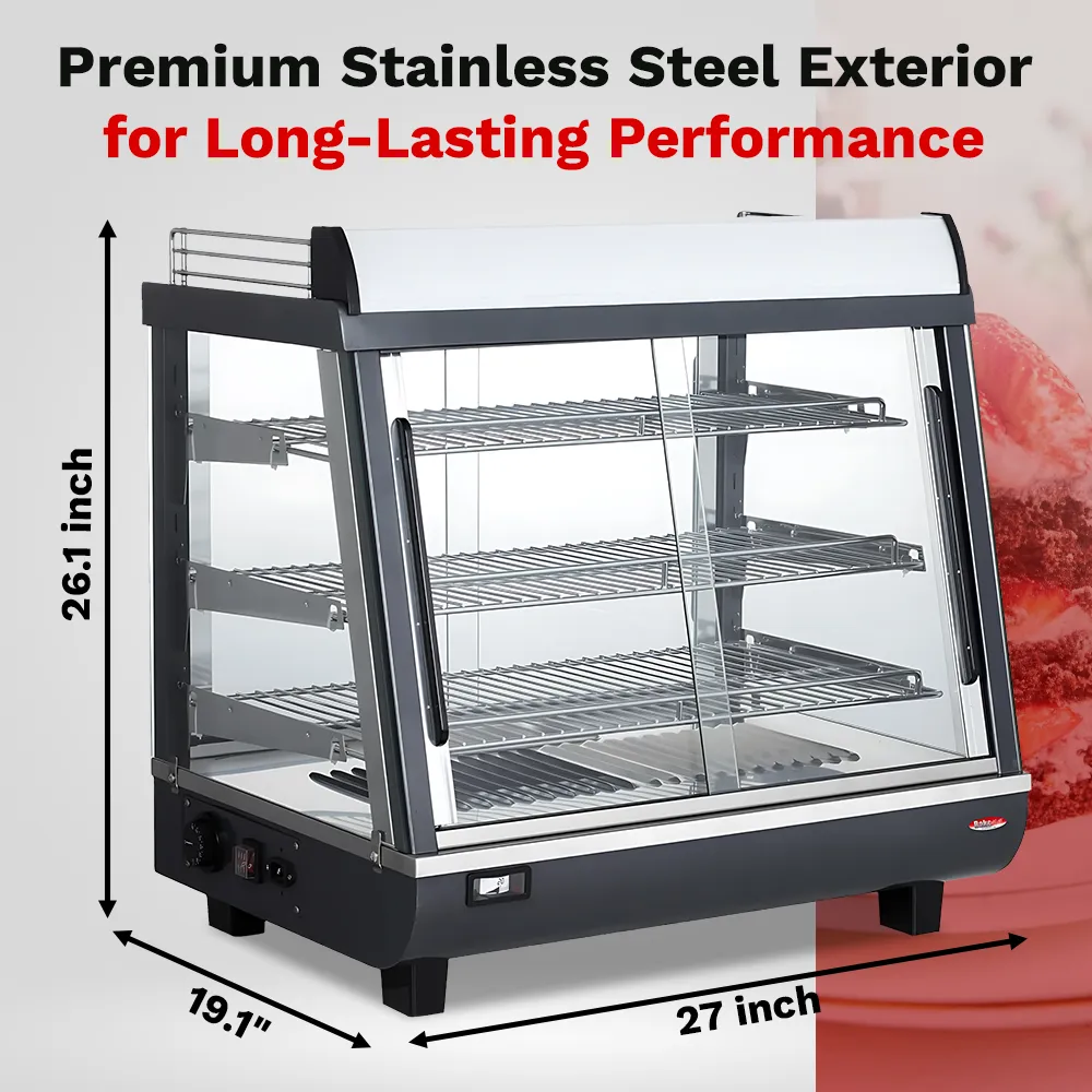 BakeMax BMTSC27 Countertop heated food display case, Titan Series with stainless steel body and clear glass front, 27-inch model.