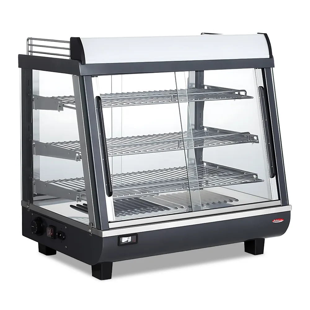 BakeMax BMTSC27 Countertop heated food display case, Titan Series with stainless steel body and clear glass front, 27-inch model.
