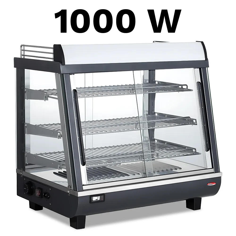 BakeMax BMTSC27 Countertop heated food display case, Titan Series with stainless steel body and clear glass front, 27-inch model.