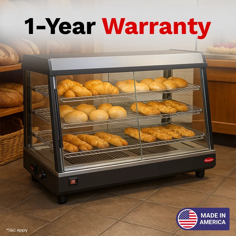 BakeMax BMTSC36 Mid-size heated display case, countertop unit with glass panels for food merchandising, Titan Series, 36-inch.