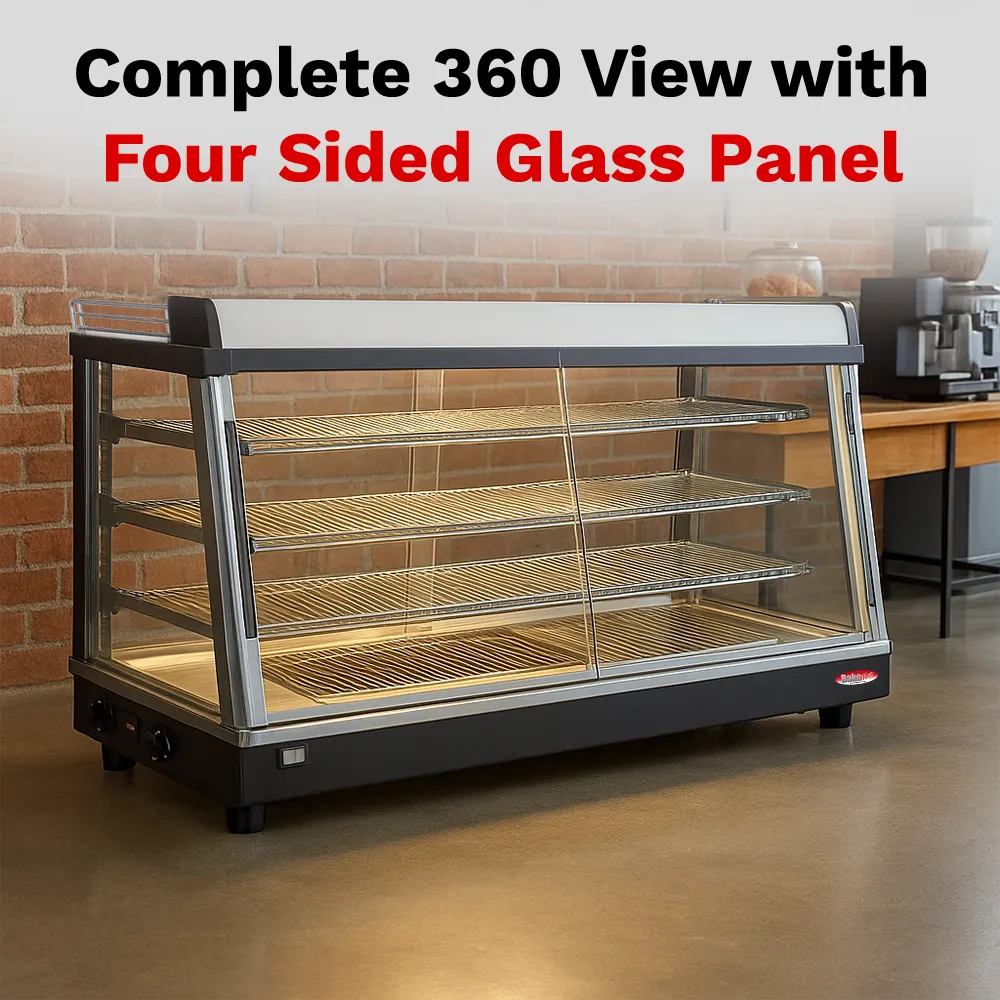 BakeMax BMTSC48 Heated warmer and display case with glass front, countertop stainless steel design, Titan Series, 48-inch wide.