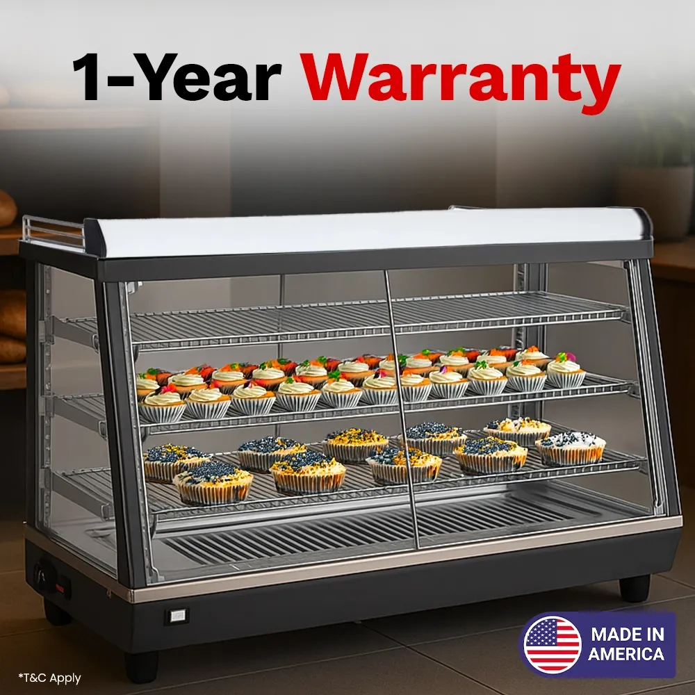 BakeMax BMTSC48 Heated warmer and display case with glass front, countertop stainless steel design, Titan Series, 48-inch wide.