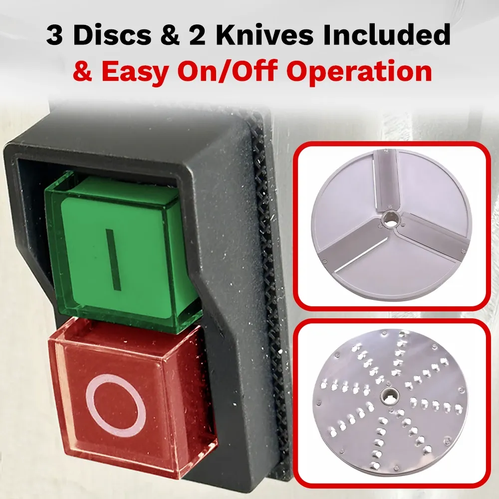 BakeMax Manual 20-inch vegetable cutter slices up to a thousand pounds per hour, ideal for fast salad prep in busy kitchens. Easy to clean design.