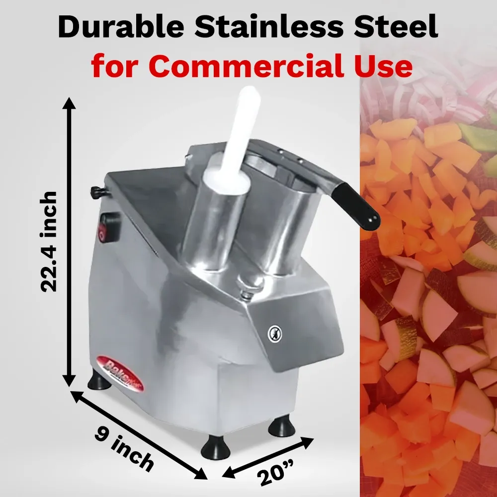 BakeMax Manual 20-inch vegetable cutter slices up to a thousand pounds per hour, ideal for fast salad prep in busy kitchens. Easy to clean design.