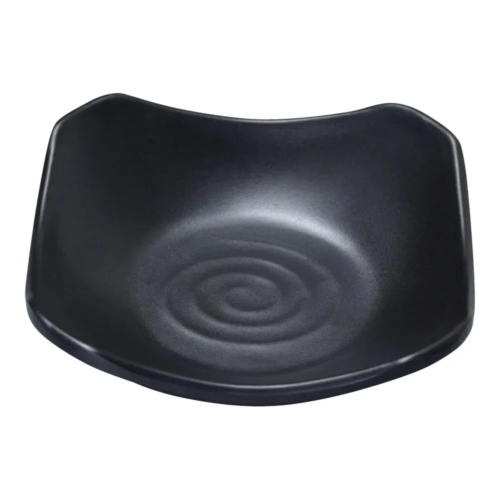 Black melamine square dish by Yanco China with a matte finish, great for elegant small servings at restaurants or events, with high durability.