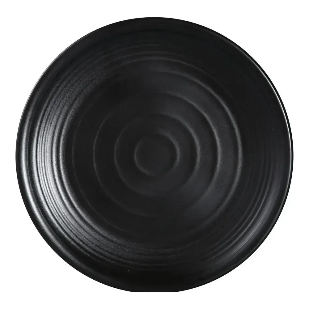 Matte black melamine round plate from Yanco China with a smooth finish, perfect for everyday dining or displays at home and restaurants.