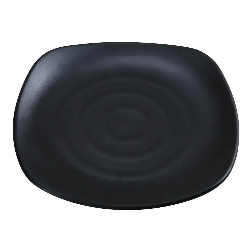 Matte black melamine square plate by Yanco China with a modern design, great for stylish serving in cafes and bistros with charm and appeal.