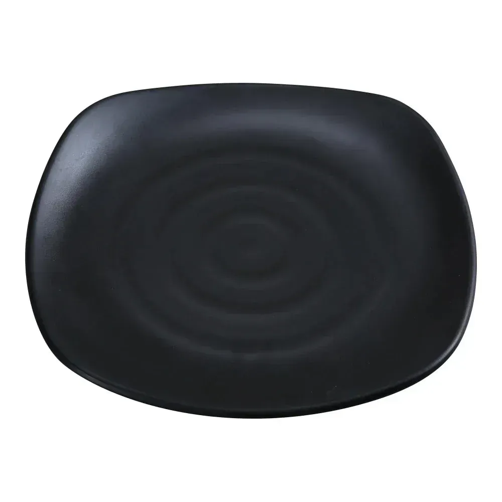 Matte black melamine square plate by Yanco China with a sleek finish, perfect for modern dining presentations in style and with elegance.