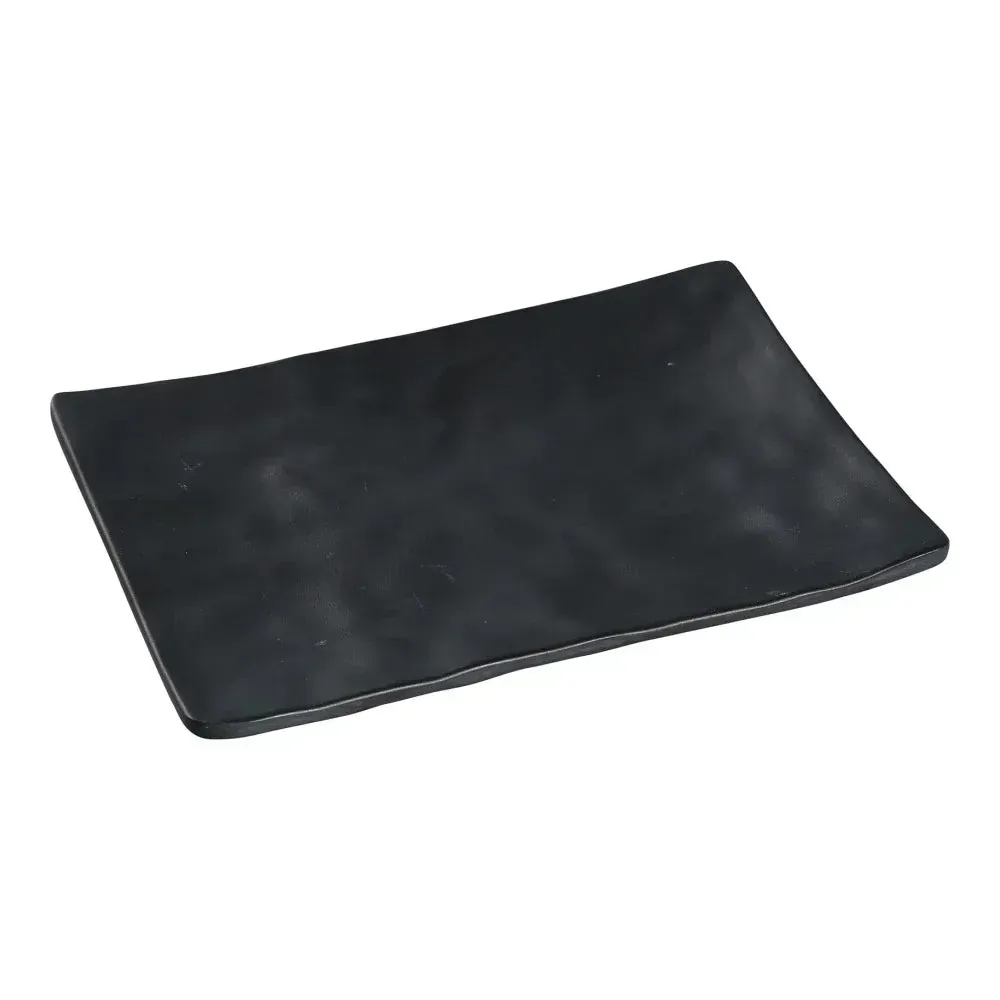 Matte black melamine small rectangular plate from Yanco China with a clean matte look, perfect for starters or side servings at family gatherings.
