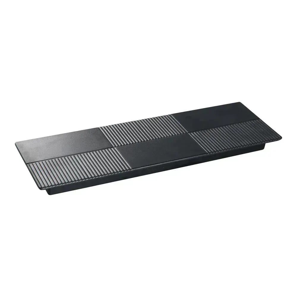 Matte black melamine rectangular display plate by Yanco China with a modern finish, perfect for showcasing small bites at events or a buffet.