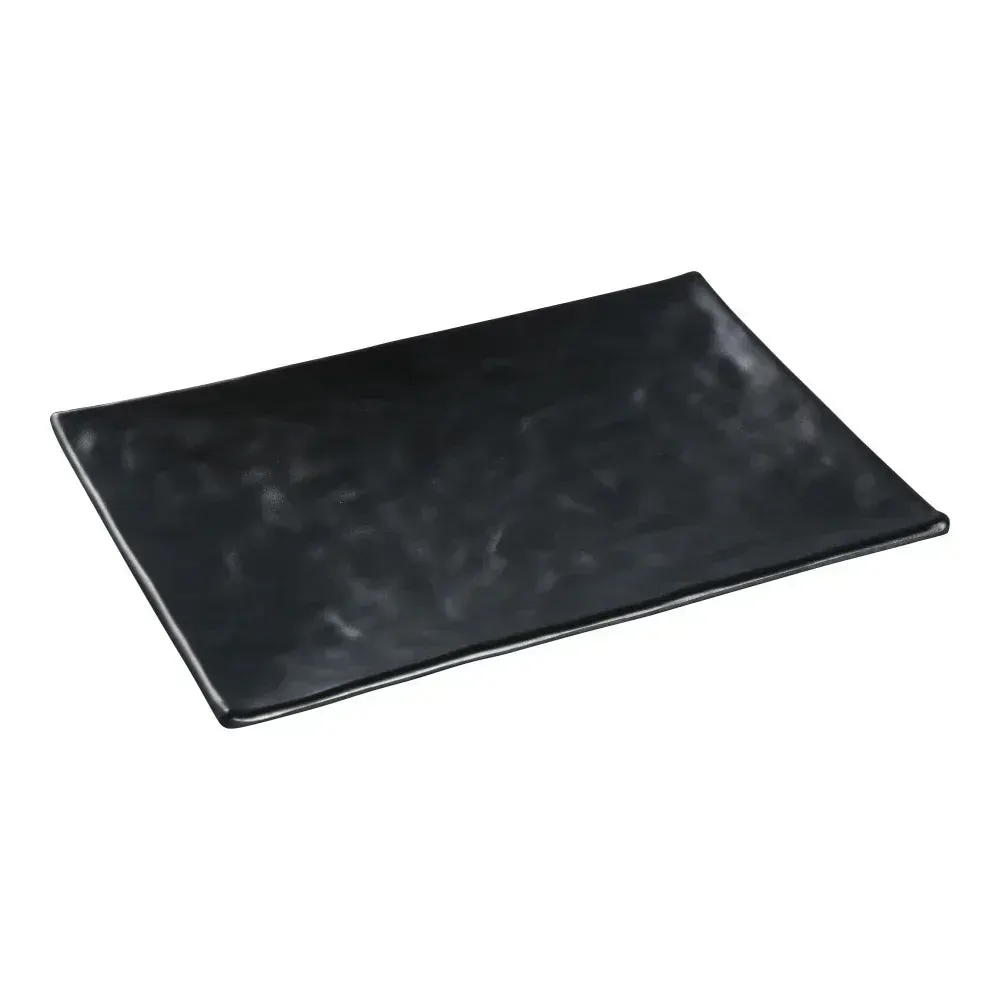 Matte black melamine large rectangular plate from Yanco China with a clean matte finish, great for entrees or displays at formal dining setups.