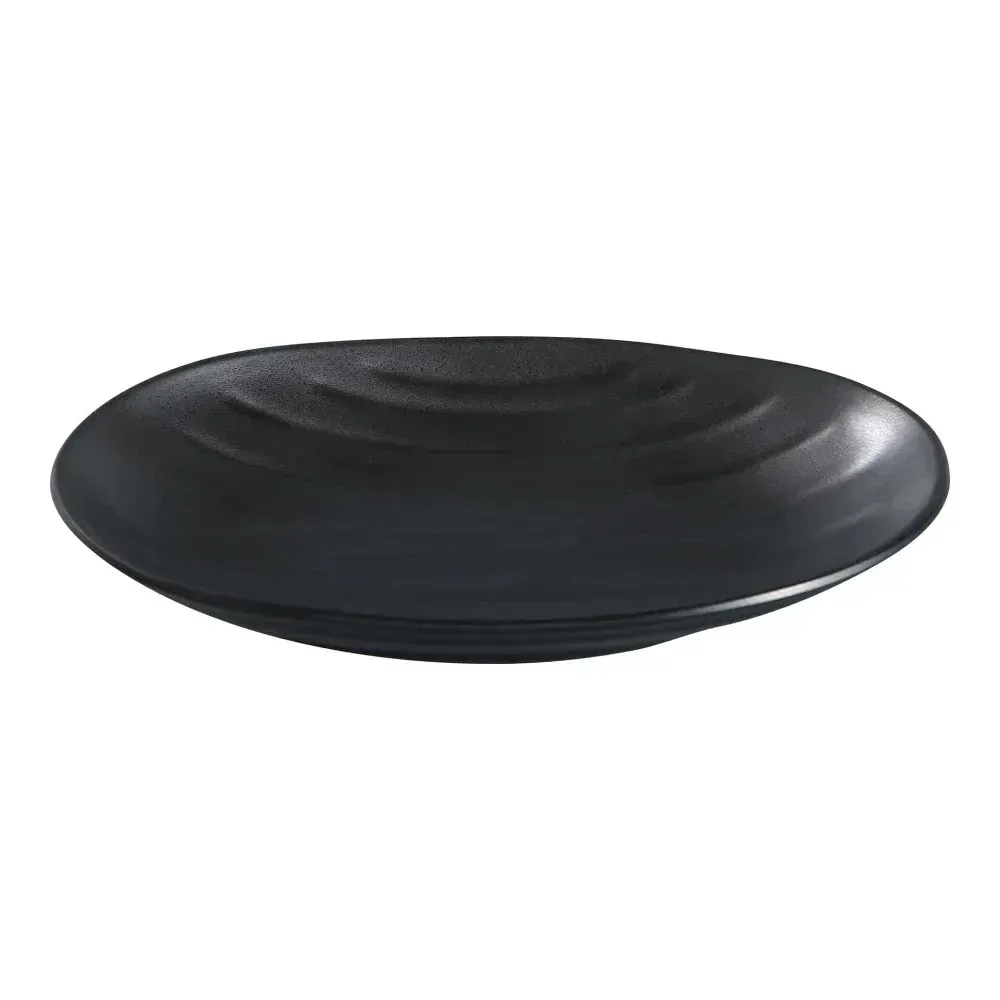 Matte black melamine oval deep plate from Yanco China with sleek curves, ideal for serving pasta, salads, or entrees at parties or gatherings.