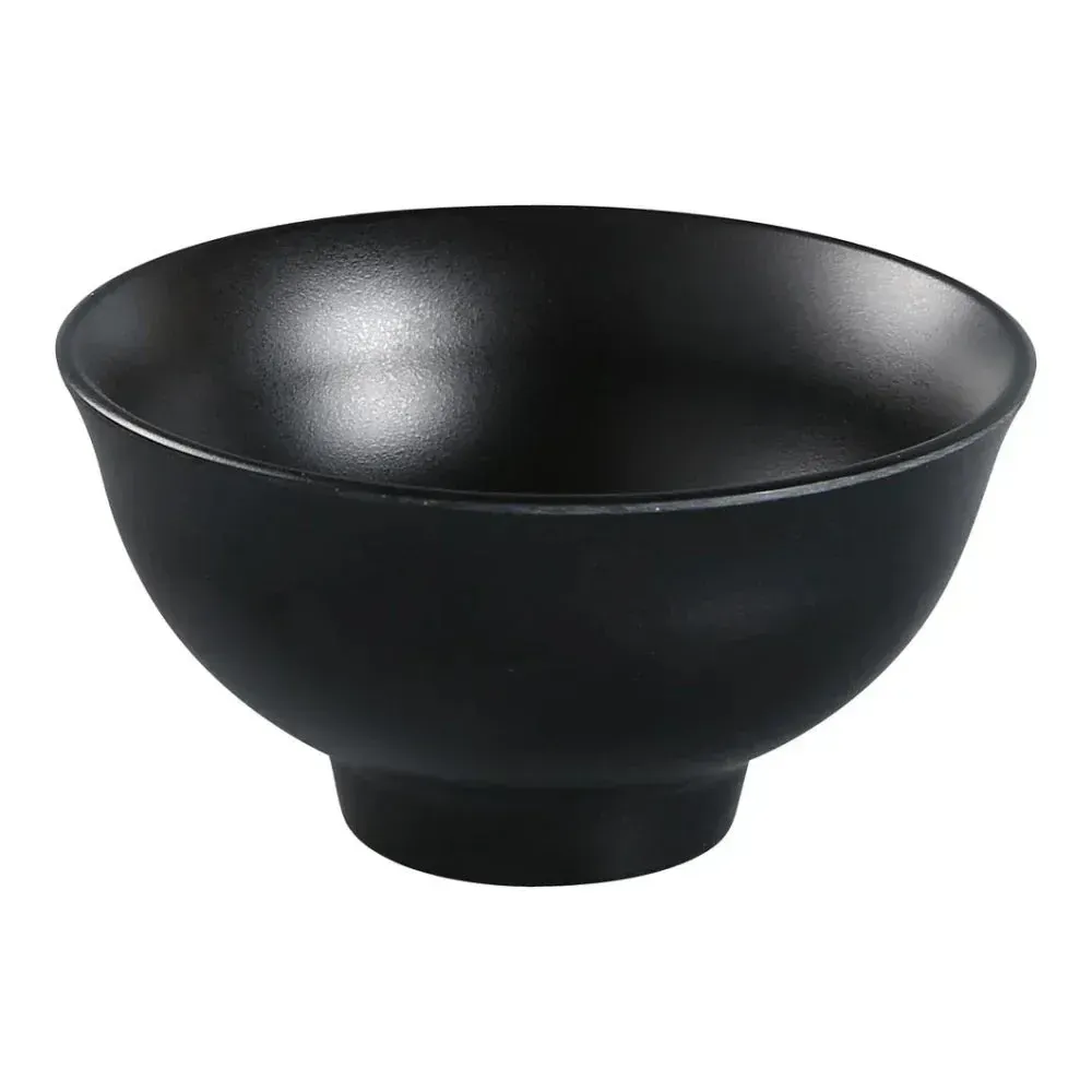 Matte black melamine rice bowl by Yanco China with a clean, classic design, perfect for serving rice or small portions in modern casual eateries.