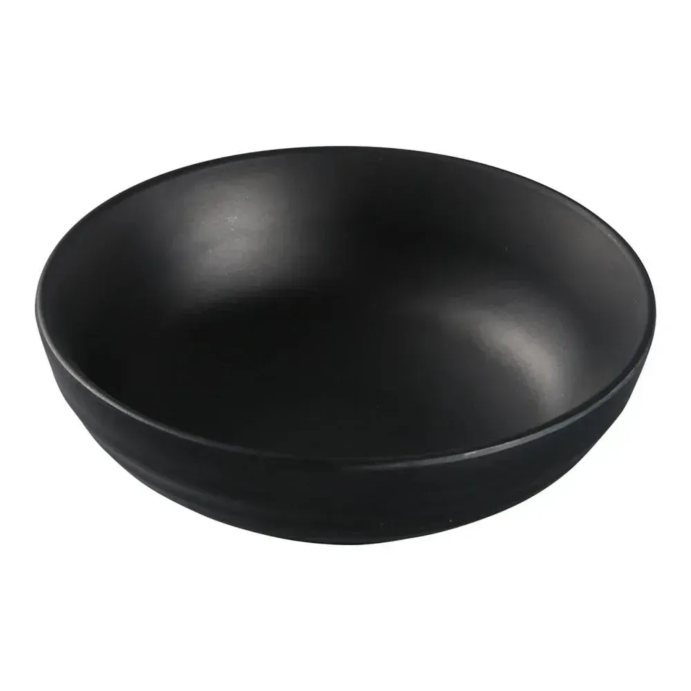 Matte black melamine salad bowl from Yanco China with a smooth, round shape, suitable for serving salads or side dishes at cafes in a sleek way.