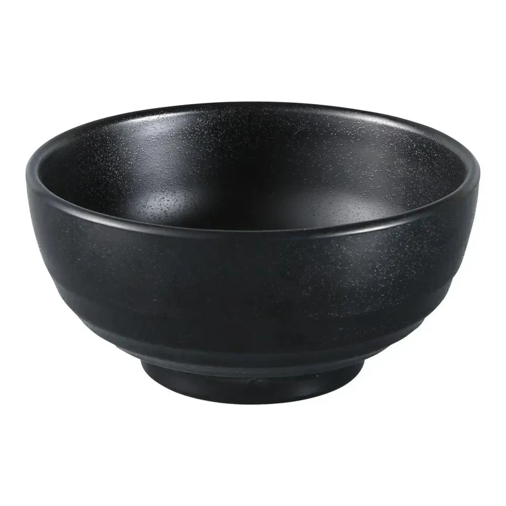 Matte black melamine woodong noodle bowl by Yanco China with a deep rounded profile, ideal for soups and noodle dishes in modern restaurants.
