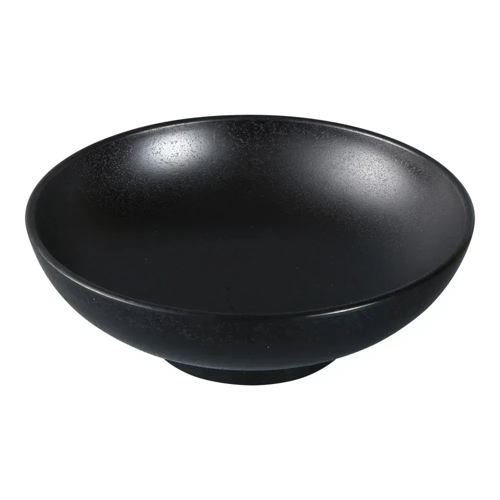 Matte black melamine noodle bowl by Yanco China with a deep, wide shape, great for large portions of noodles or broth dishes in kitchens.
