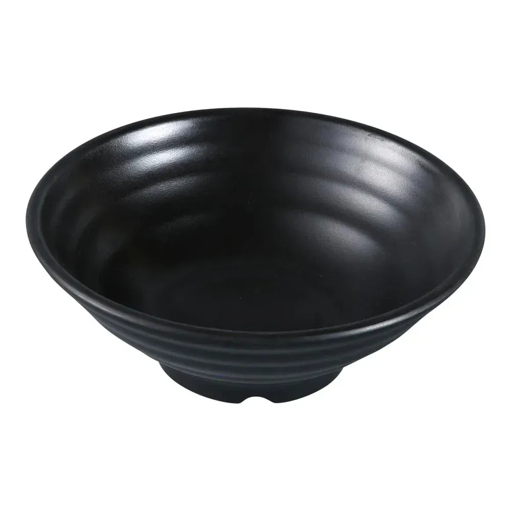 Matte black melamine noodle bowl from Yanco China with a classic rounded design, suitable for single servings of noodles or soup with elegance.