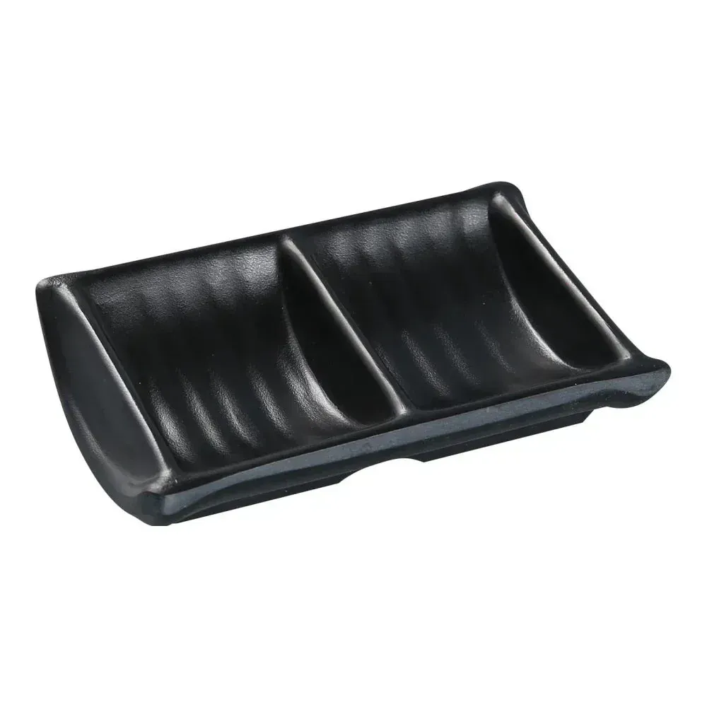 Matte finish black melamine triple sauce dish by Yanco China, perfect for organizing and serving condiments neatly, enhancing the dining experience.