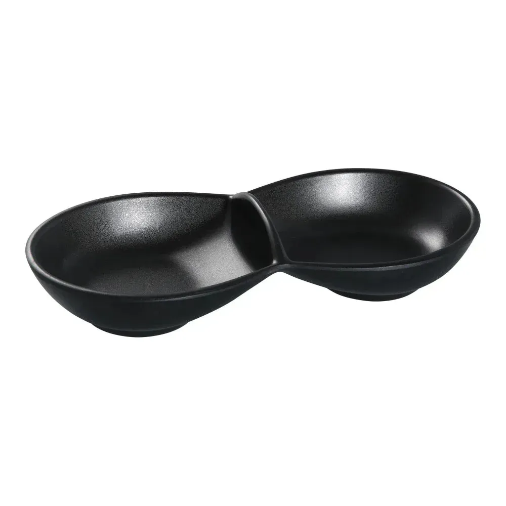 Black melamine double sauce dish from Yanco China with a matte finish, ideal for serving condiments in dining spaces while adding a modern touch.