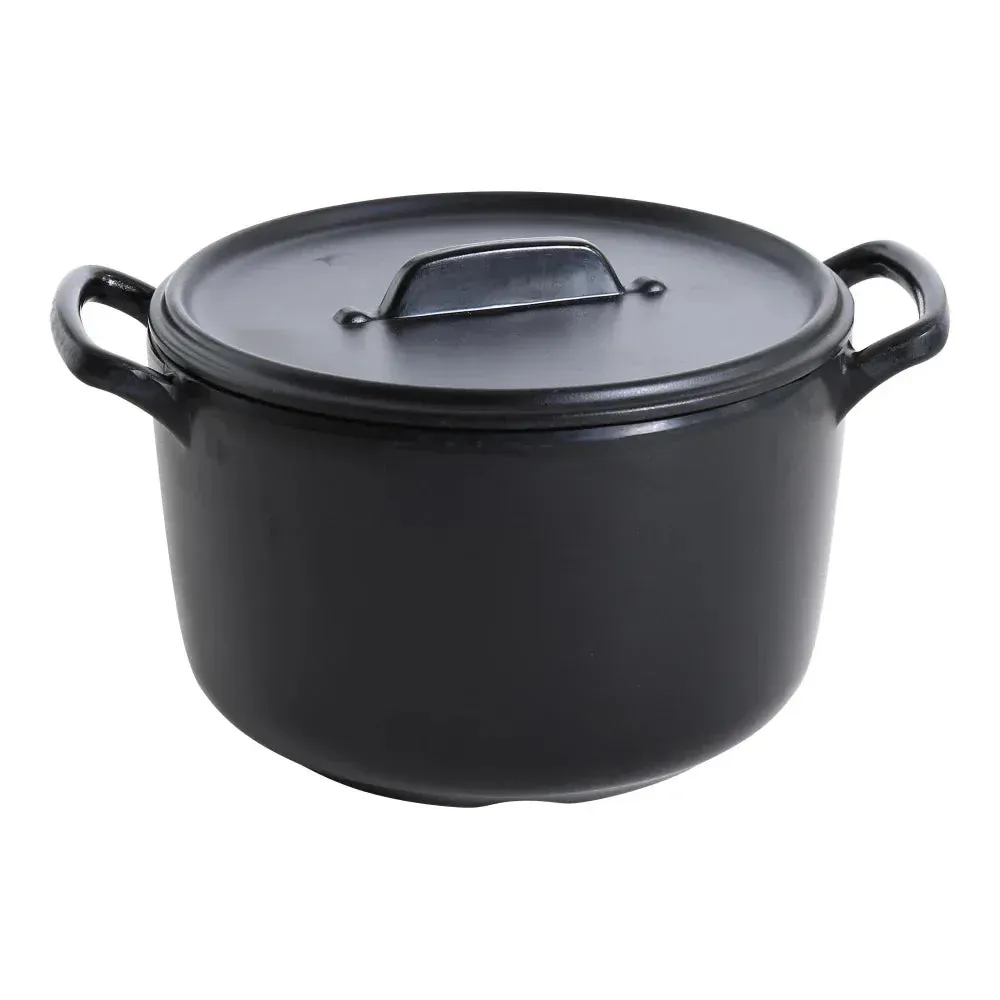 Elegant black melamine serving bowl by Yanco China with a matte finish, handle, and lid, perfect for stylish and functional food presentation.