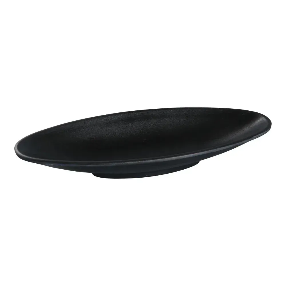 Matte black deep boat shaped plate by Yanco China with a smooth interior, ideal for serving curries, stir fries, or saucy dishes in an elegant way.