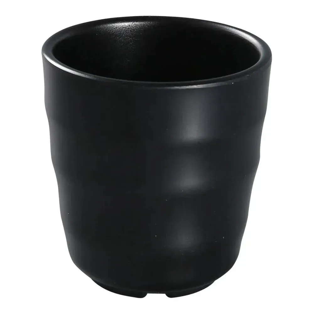 Yanco China Black Pearl tea cup in matte black melamine, sleek modern aesthetic, scratch resistant, ideal for contemporary cafés and upscale events.