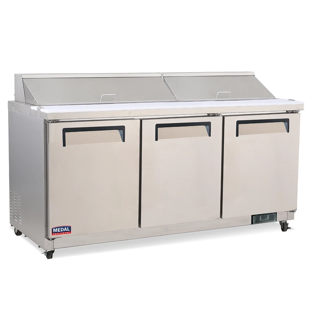Medal Equipment 72" Sandwich / Salad Prep Table, 3 Doors, 18 Pans, Stainless Steel, 2 Year Warranty