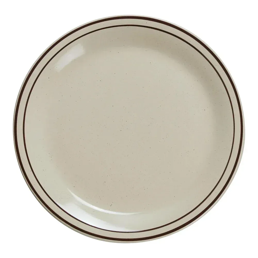 Brown speckled dinner plate by Yanco China with a glazed surface, designed for casual dining, catering, banquets, and restaurant table service.
