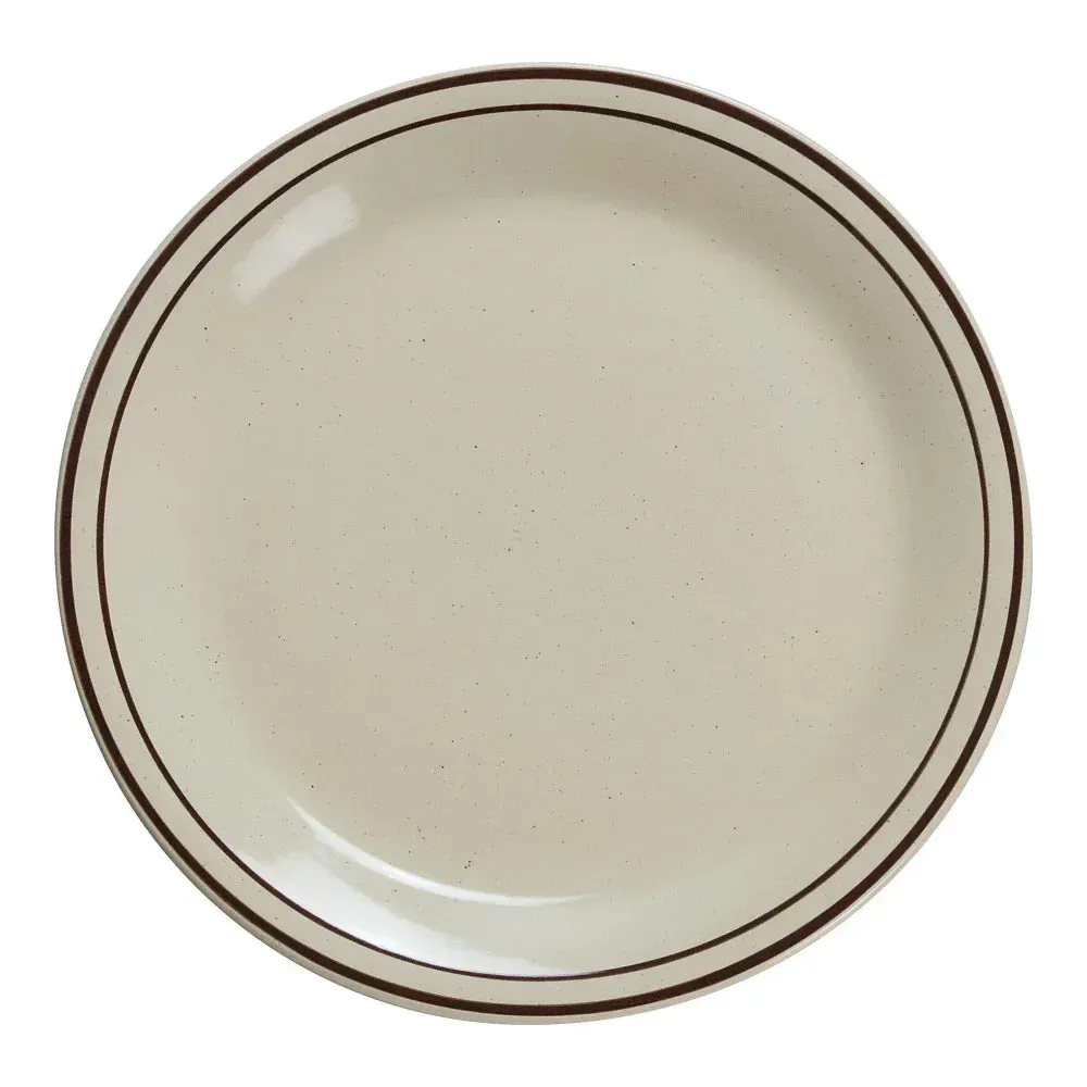 Small brown speckled plate from Yanco China with vintage charm and a sturdy chinaware build, perfect for bread, sides, or desserts in diners.
