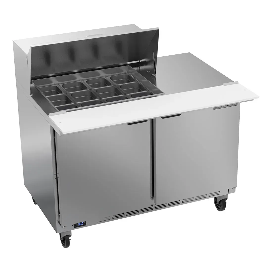 Beverage-Air cutting-top prep table with wide board offering cold storage and ample prep space for sandwiches and fresh salads.