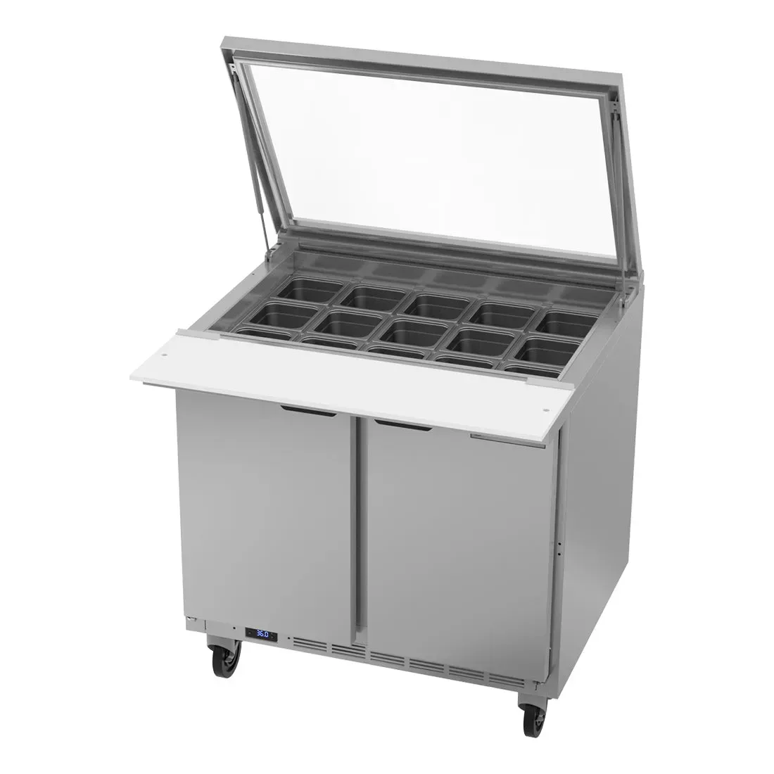 Stainless steel two-door mega-top refrigerated sandwich prep table from Beverage-Air, built for active and fast-paced commercial kitchens.
