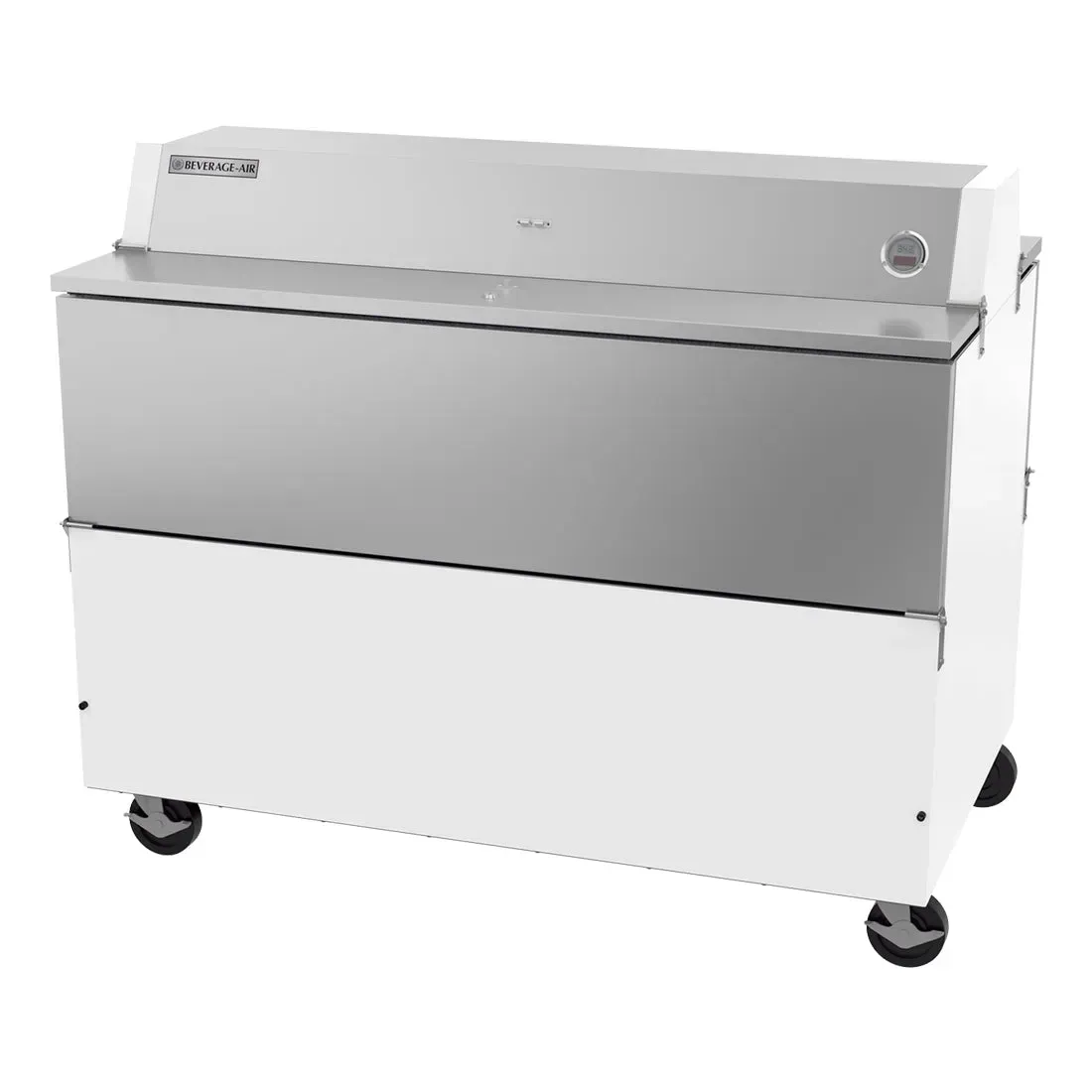 White two-sided forced-air milk cooler by Beverage-Air keeps cartons chilled for breakfast service or cafeterias, ensuring dairy stays fresh.