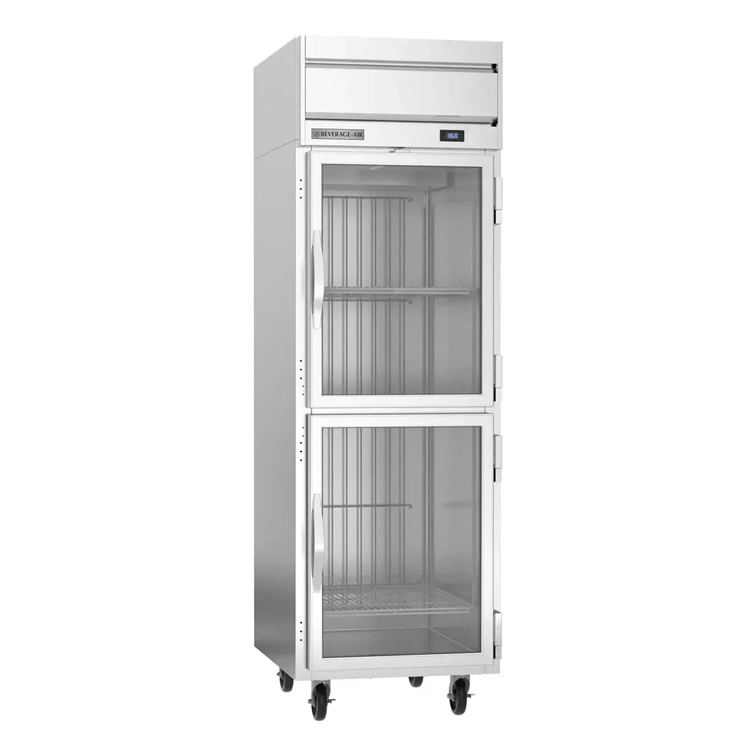 Beverage-Air half glass door reach-in refrigerator combining visibility and efficiency in tight kitchen spaces with neatly organized produce.