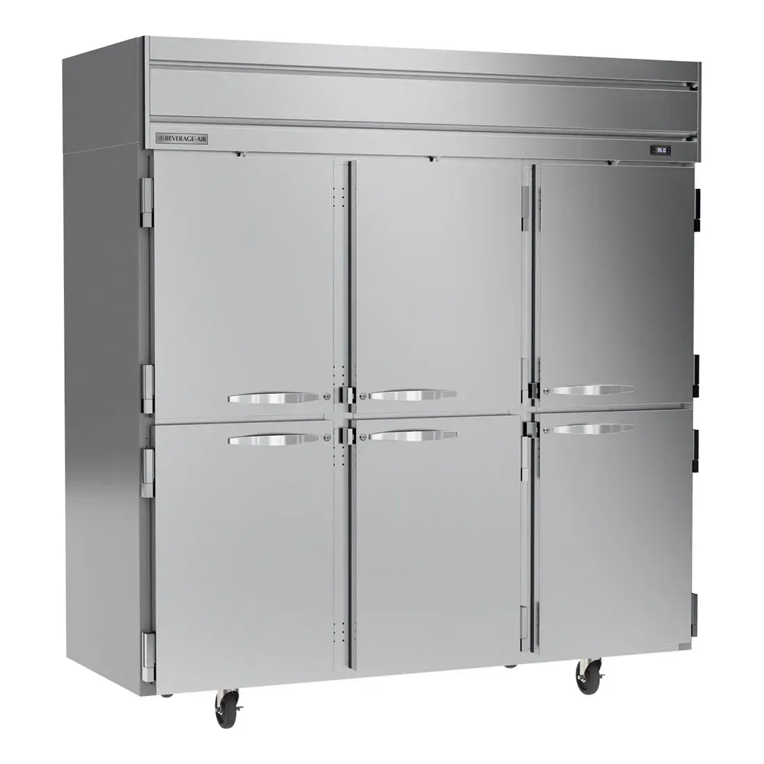 Beverage-Air triple half-door reach-in refrigerator with top-mounted system preserving cold air while chefs quickly grab ingredients.