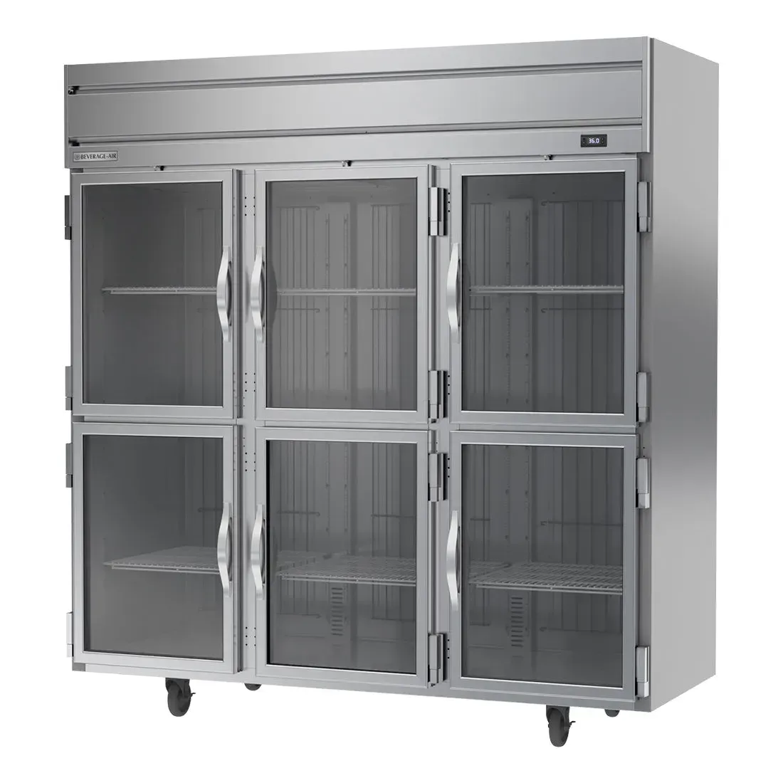 Beverage-Air triple half glass-door reach-in refrigerator offering visibility and efficiency with top-mounted compressor in commercial kitchens.
