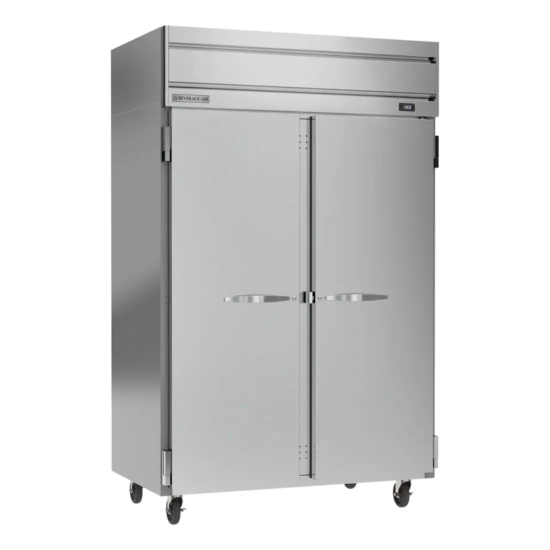 Beverage-Air two-section solid door reach-in freezer with stainless steel construction, adjustable shelves, and top-mounted refrigeration for cafe.
