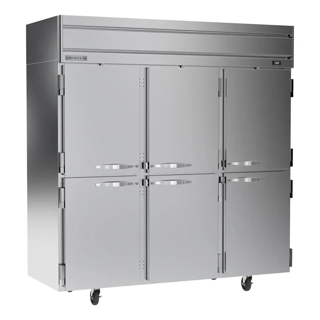 Beverage-Air triple-section half-door reach-in freezer, 6 stainless doors, digital controls, LED lighting; efficient for hotel and restaurant kitchen.