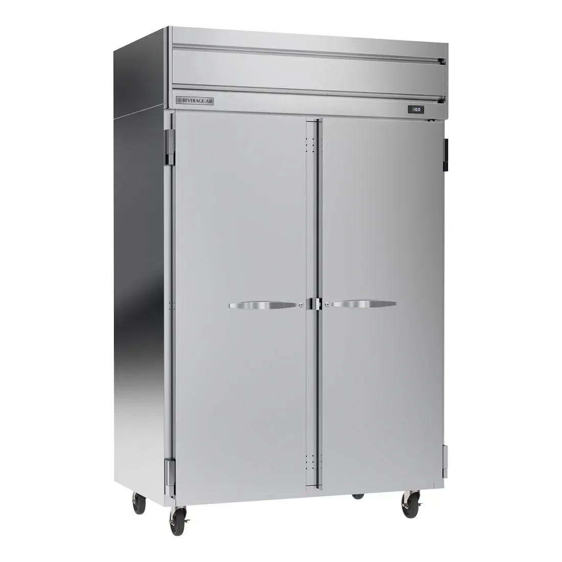 Beverage-Air two-section stainless reach-in freezer, solid doors, front-breathing design for compact restaurant and cafe backline installations.