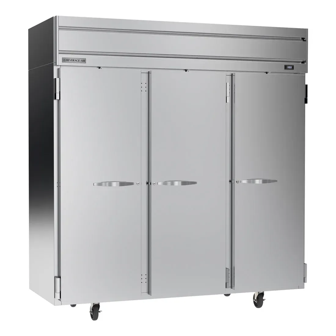 Beverage-Air three-section solid door reach-in freezer, adjustable epoxy-coated shelves, rugged build, front-breathing for busy commercial kitchens.