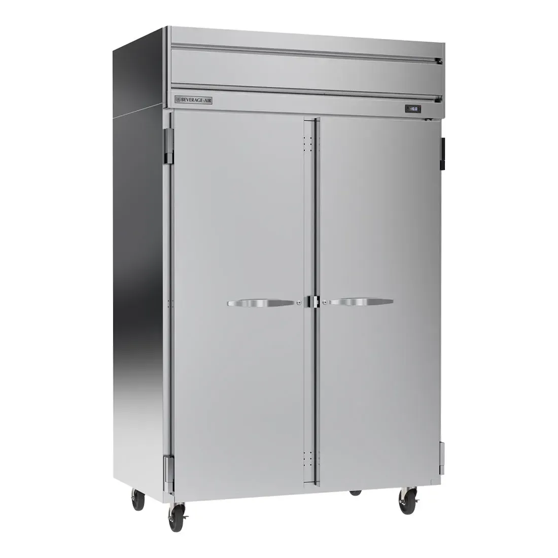Beverage-Air two-section solid door reach-in freezer, digital thermostat, sturdy shelves, front-breathing for built-in use in cafes or kitchens.